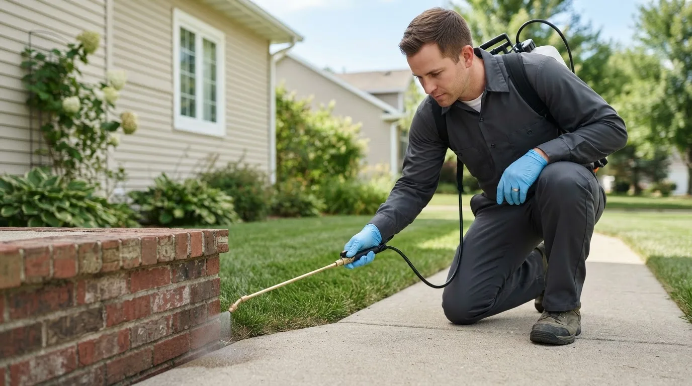 Pest control technician treating a home near West Chicago, IL